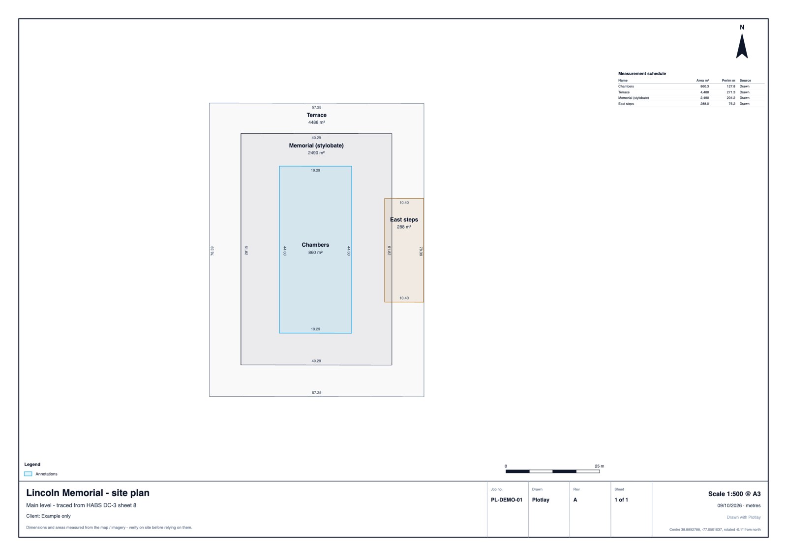 An A3 plan sheet at 1:500 of the Lincoln Memorial: terrace, memorial base, chambers and east steps, dimensioned, with a measurement schedule and title block.