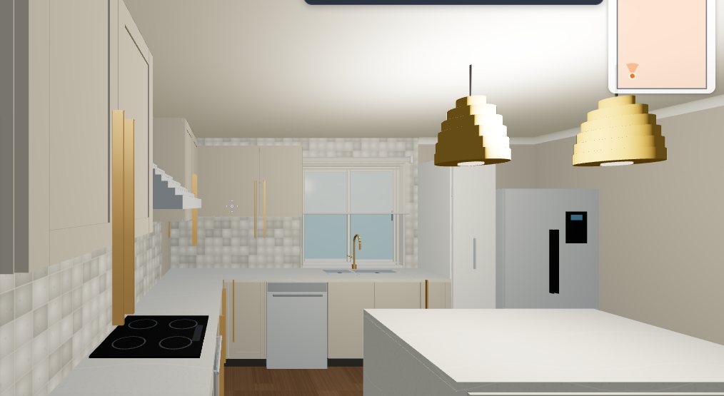 A kitchen in 3D from the doorway: cooktop on the bench, sink under the window, an island with pendants over it, tiled splashback.