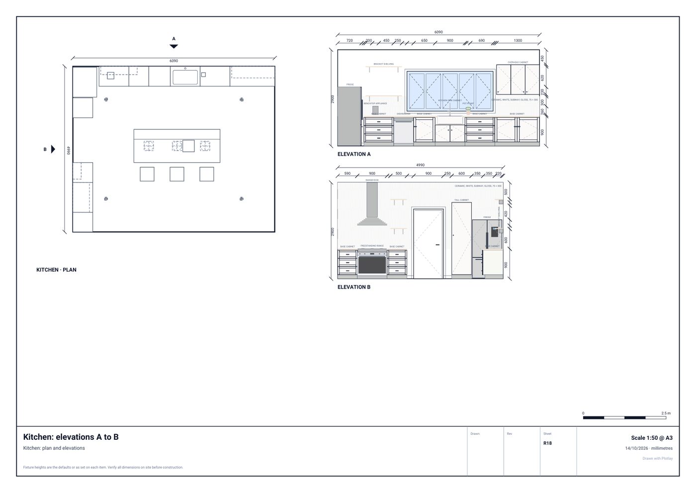 A room pack sheet: the Showroom kitchen plan at 1:50 with elevations A and B, cabinets, appliances and tiles dimensioned in millimetres.