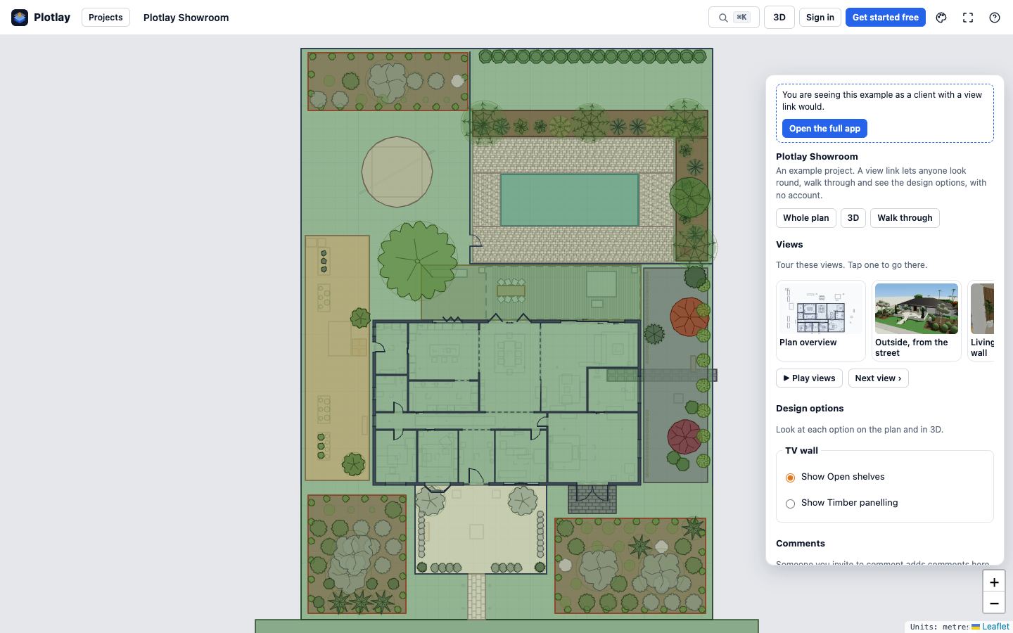 The Showroom example in the client view: the site plan with the house, pool and gardens, and a panel on the right with a banner saying this is the example as a client with a view link would see it, buttons for the whole plan, 3D and walk through, a Views strip with pictures of the saved views, and the TV wall design options.