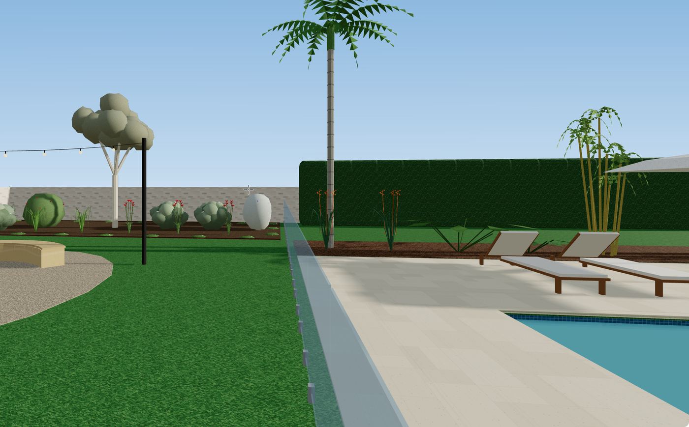 Walk mode in the Showroom example: a lawn, garden beds, a palm, festoon lights, a glass pool fence and sun loungers beside the pool.