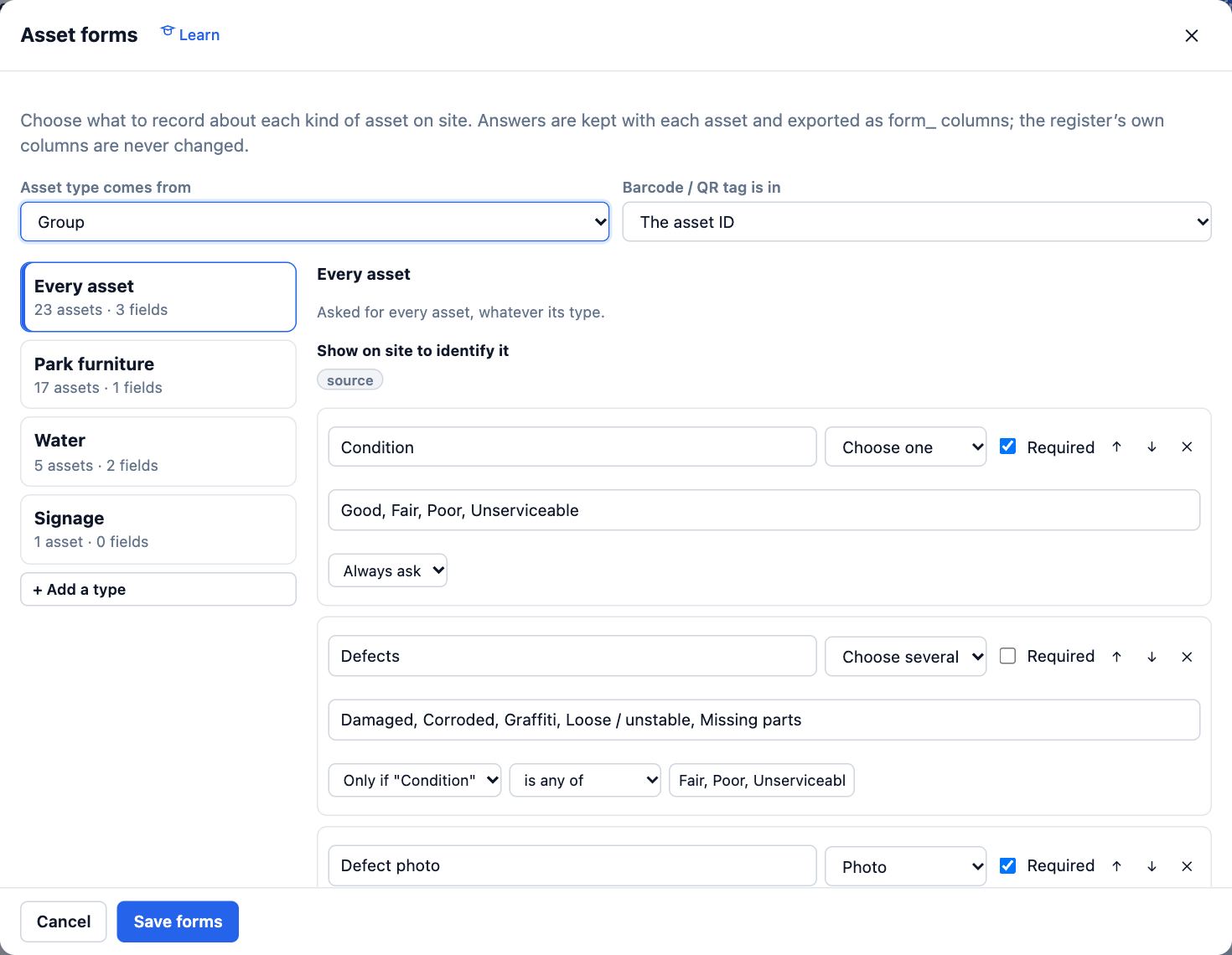 The Asset forms dialog: asset types Every asset, Park furniture, Water and Signage on the left, and the Condition question with Good, Fair, Poor, Unserviceable on the right.