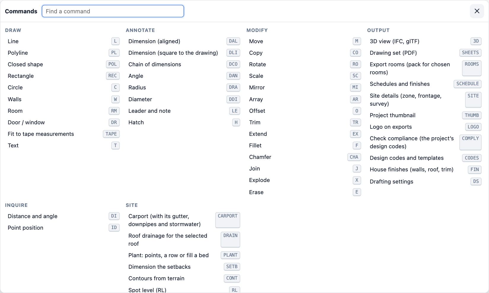 The Commands list: Draw, Annotate, Modify, Output, Inquire and Site columns, each command with its short name such as L for Line and O for Offset.