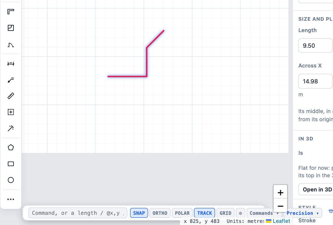 A line drawn to typed lengths on a blank plan, with the drafting bar below showing SNAP, ORTHO, POLAR, TRACK, GRID, Commands and Precision.