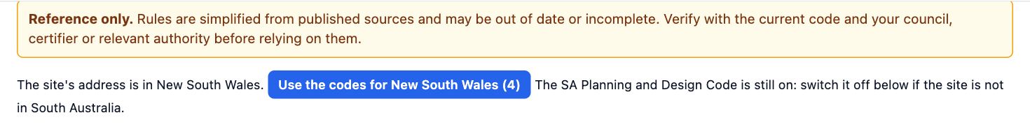 The Design codes panel for a site in New South Wales: the reference-only note, then Use the codes for New South Wales (4).
