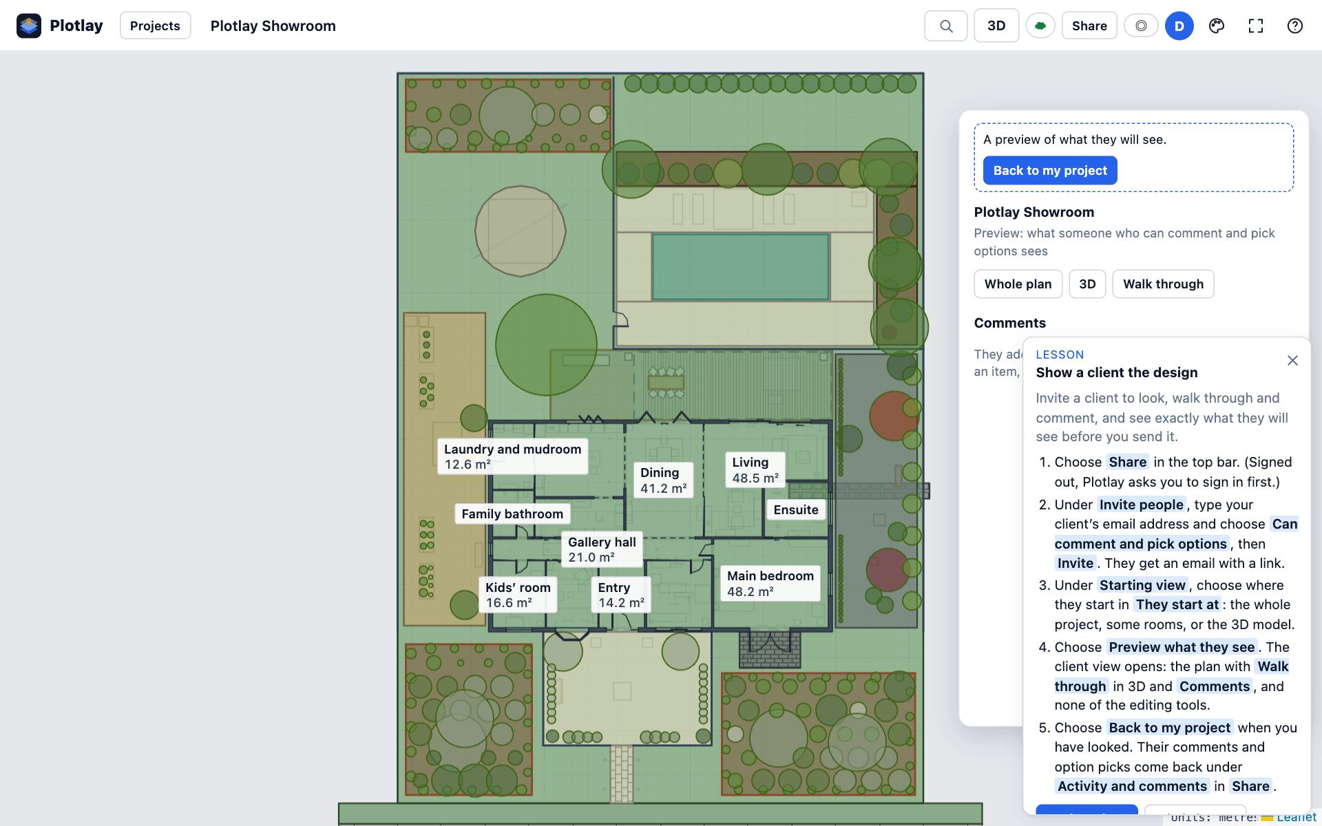 The client view preview of the Showroom: a panel reading Preview: what someone who can comment and pick options sees, with Whole plan, 3D, Walk through and Comments.