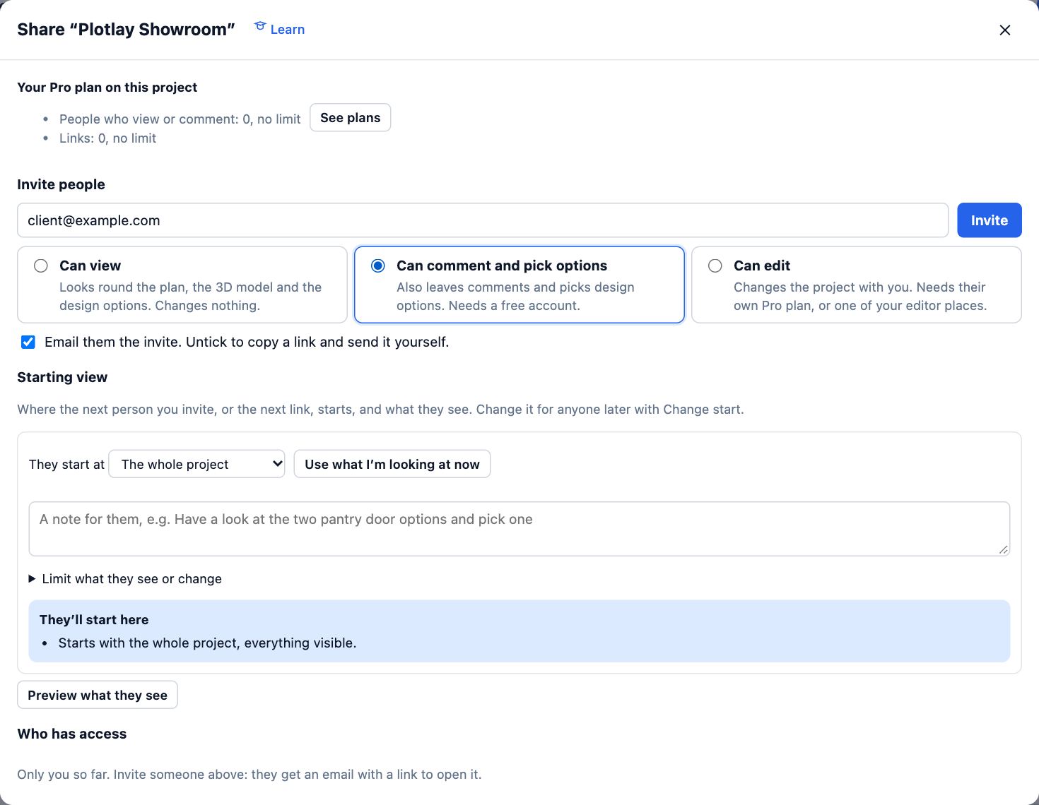The Share dialog: Invite people with Can view, Can comment and pick options and Can edit, then Starting view with Preview what they see.
