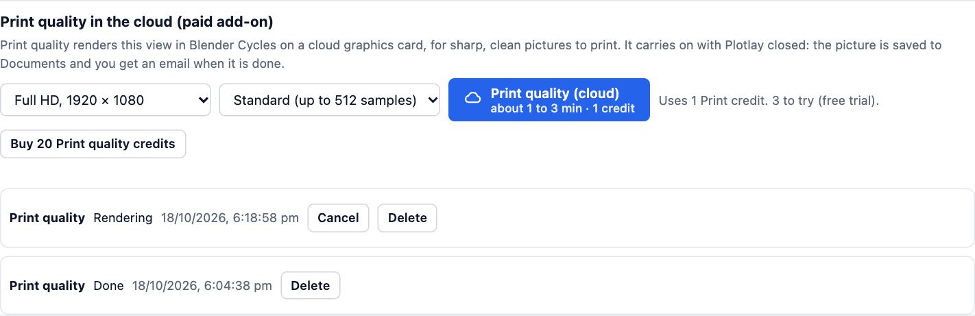 Print quality in the cloud at the bottom of the Photo render dialog: Full HD, Standard, the Print quality (cloud) button, Uses 1 Print credit, 3 to try (free trial), the top-up button, and the jobs list with one render running and one done.