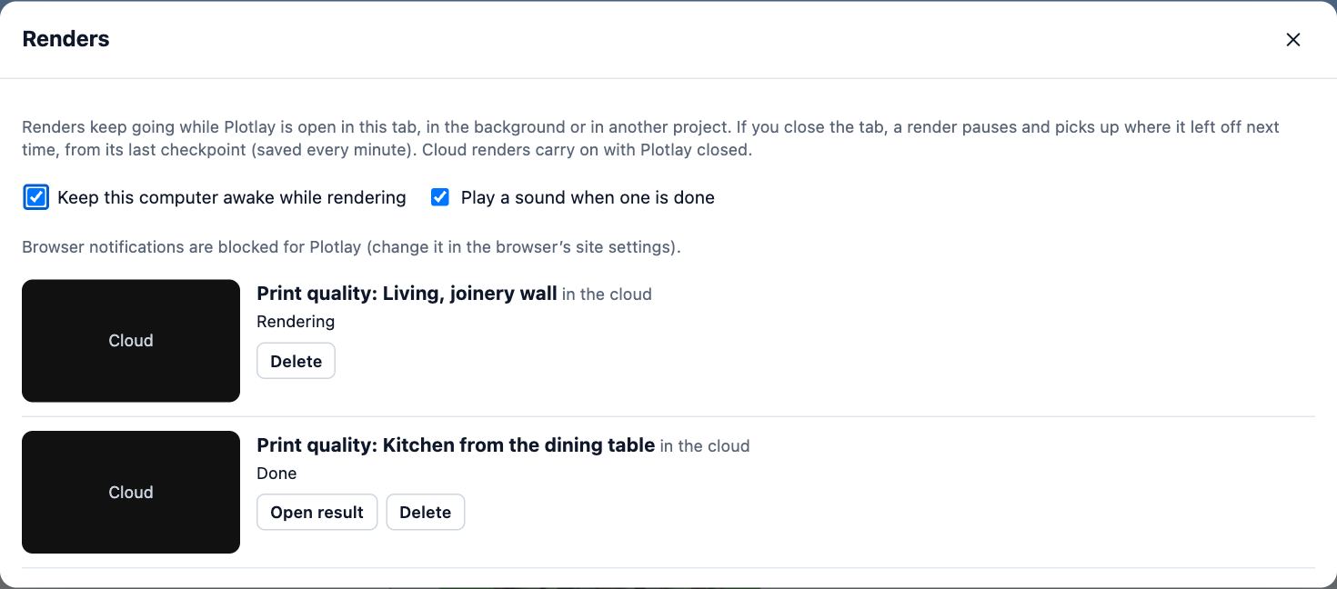 The Renders panel listing two Print quality renders in the cloud: one rendering, one done with Open result and Delete.