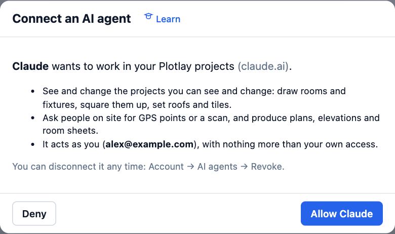 The Connect an AI agent page in Plotlay: Claude wants to work in your Plotlay projects, what it may do, and Deny or Allow Claude.