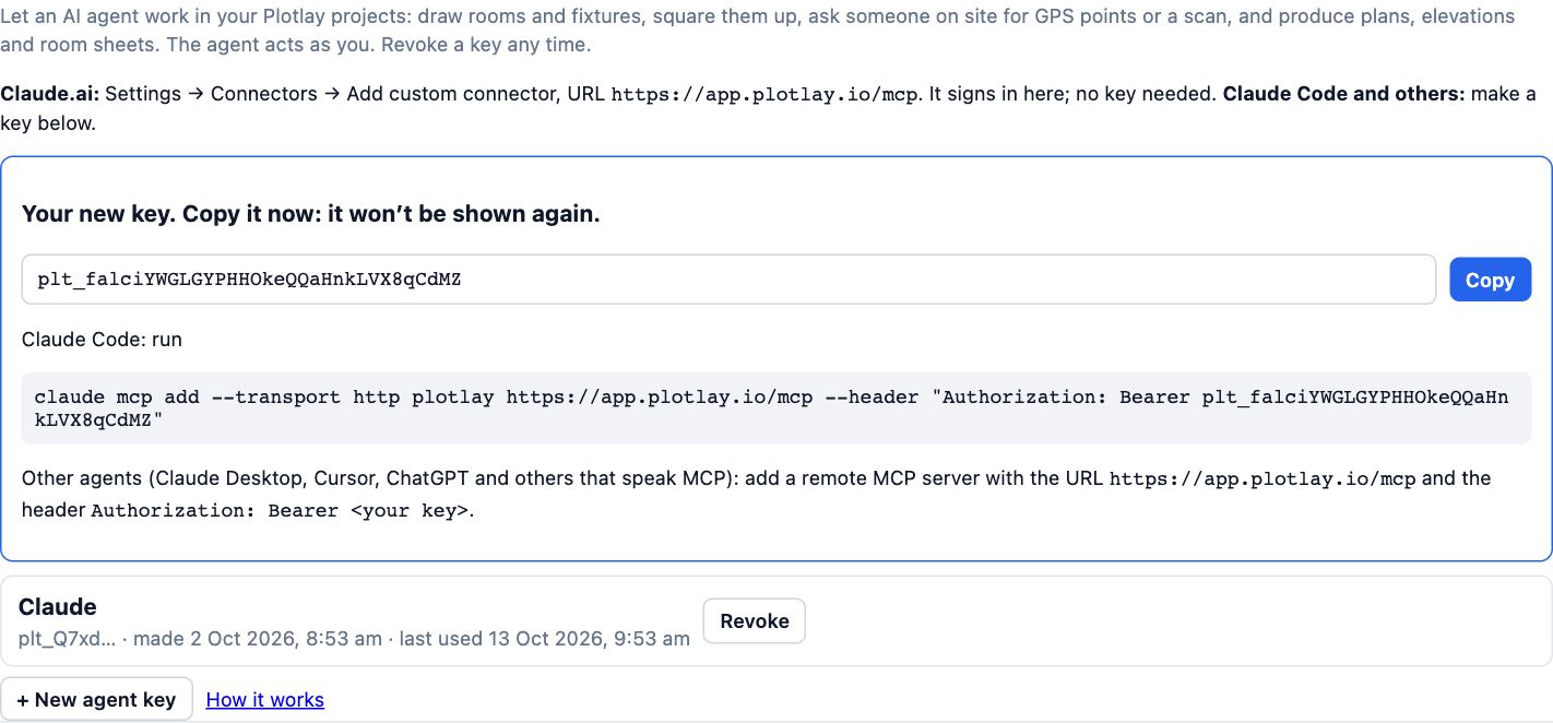 AI agents in Your account: a new key shown once with Copy, the claude mcp add command for Claude Code, and a Claude key with Revoke.