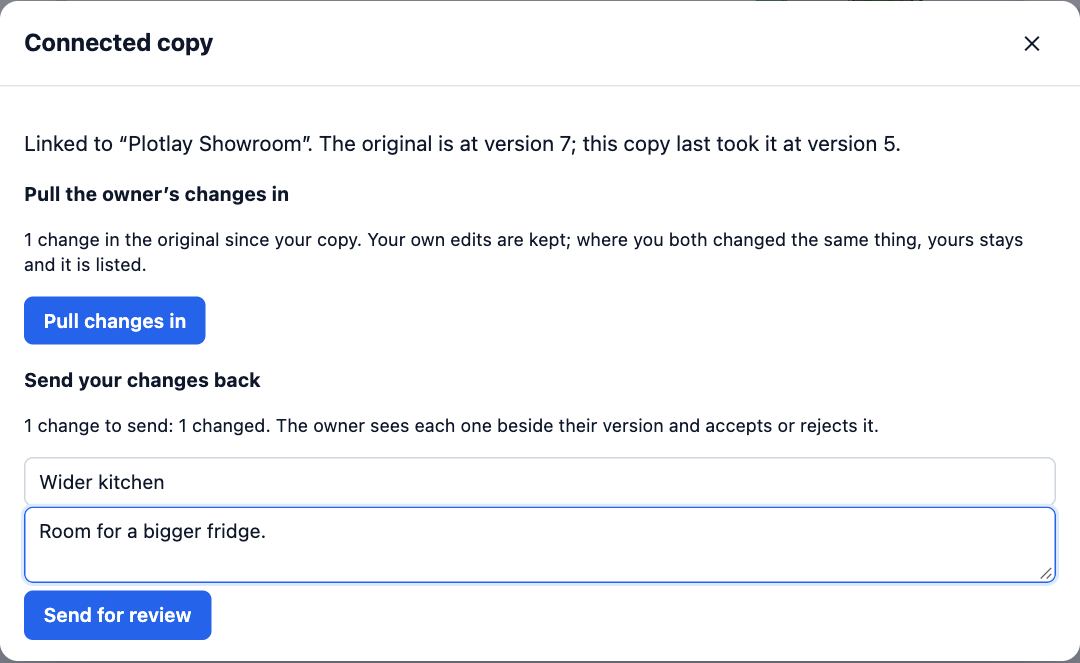 The Connected copy dialog: one change in the original to pull in, then one change to send back titled Wider kitchen with a note, and Send for review.