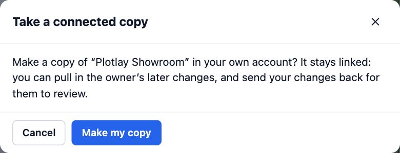 Take a connected copy: make a copy of Plotlay Showroom in your own account, linked so you can pull later changes and send yours back, with Make my copy.