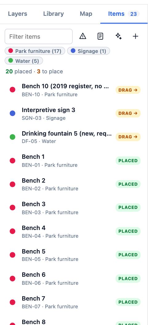The Items tab of the field audit example: benches, bins and fountains listed with their groups, as an import of a register makes them.