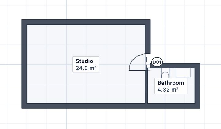 A granny flat plan drawn with the connector’s own drawing code: a 6 by 4 metre studio and a bathroom with a vanity and toilet, squared up with walls, open in Plotlay.