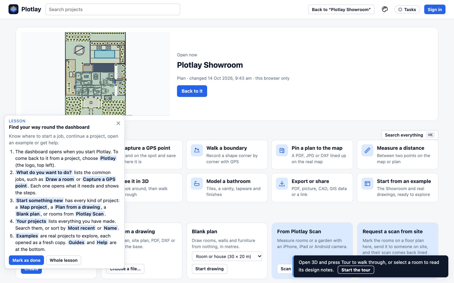 The Plotlay dashboard: What do you want to do? with ten task cards, and Start something new below.