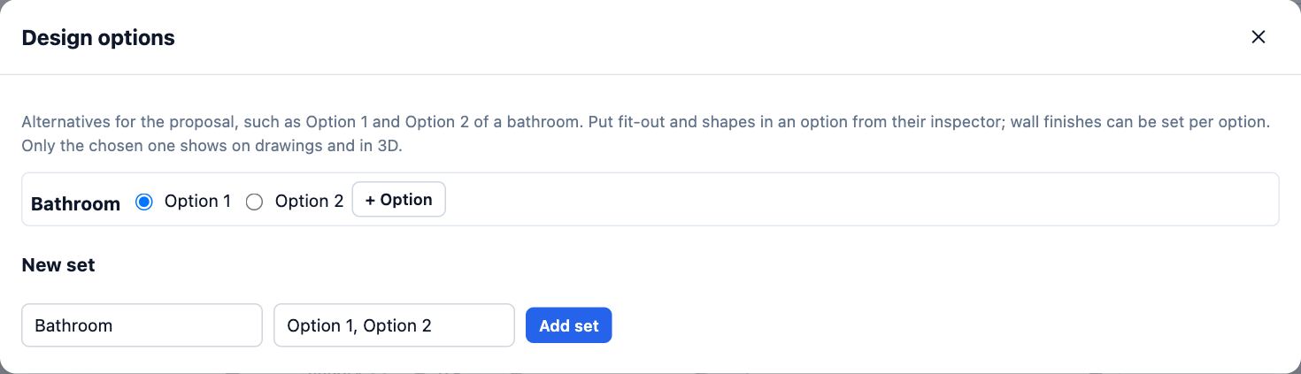 The Design options dialog with a set called Bathroom and its two options, Option 1 and Option 2.
