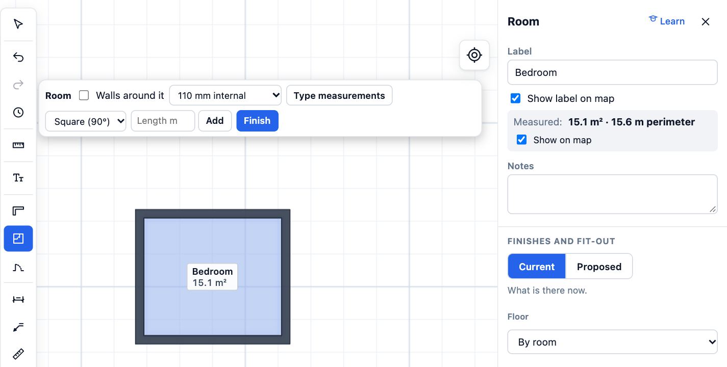 A room called Bedroom drawn 4.2 by 3.6 metres and labelled 15.1 square metres, with its area and 15.6 metre perimeter in the panel on the right.