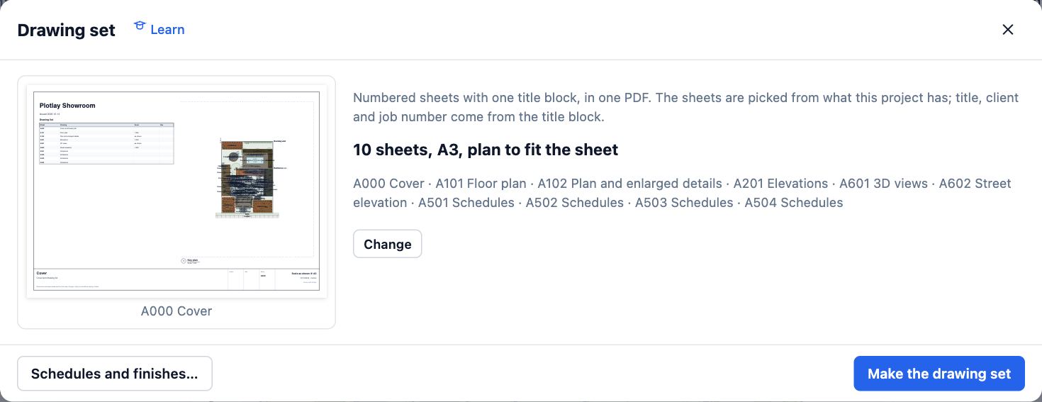 The Drawing set dialog: a preview of the A000 Cover sheet and the list of 10 sheets on A3, with Change and Make the drawing set.