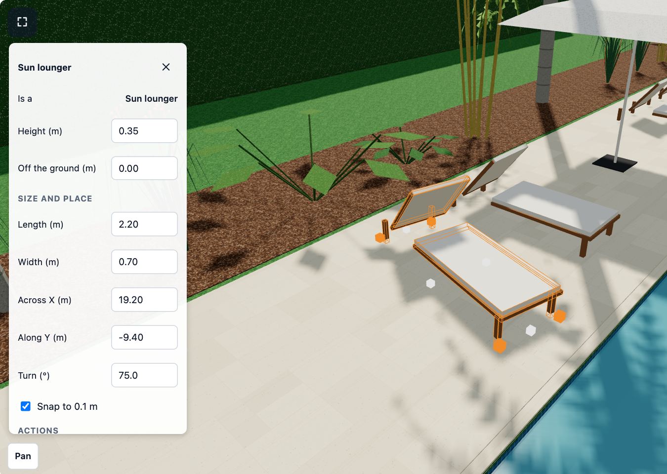 A sun lounger selected in the Showroom 3D view: its panel with Length, Width, position and Turn under Size and place, and Replace with, Duplicate and Delete.