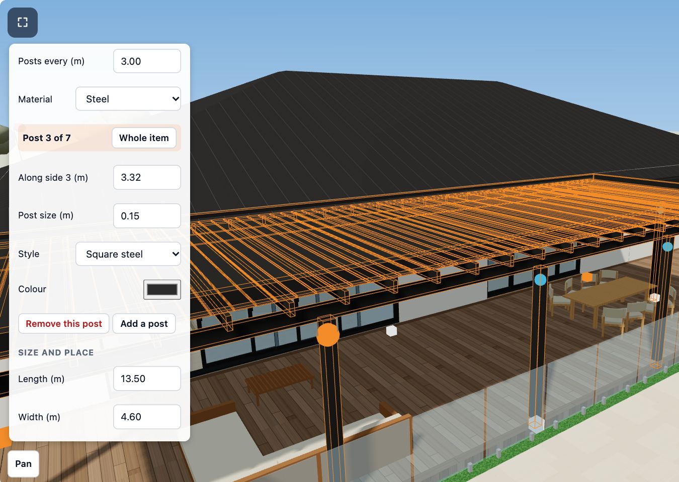 The louvred pergola selected in 3D with its posts as blue dots, and the panel for one post: where it stands along its side, its size, style and colour.