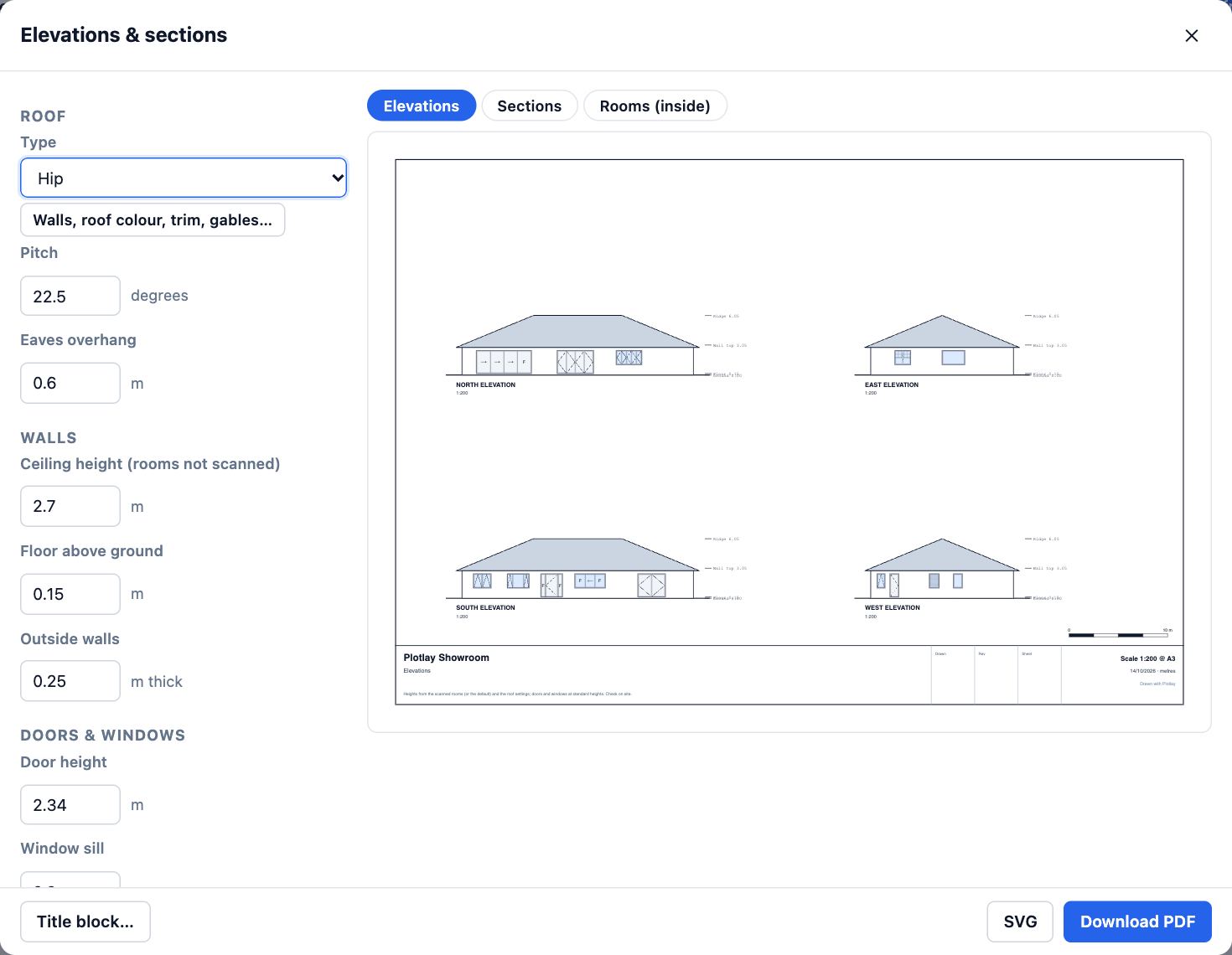 Elevations & sections for the Showroom: roof settings on the left, and an A3 sheet with the north, east, south and west elevations of a hip-roofed house.
