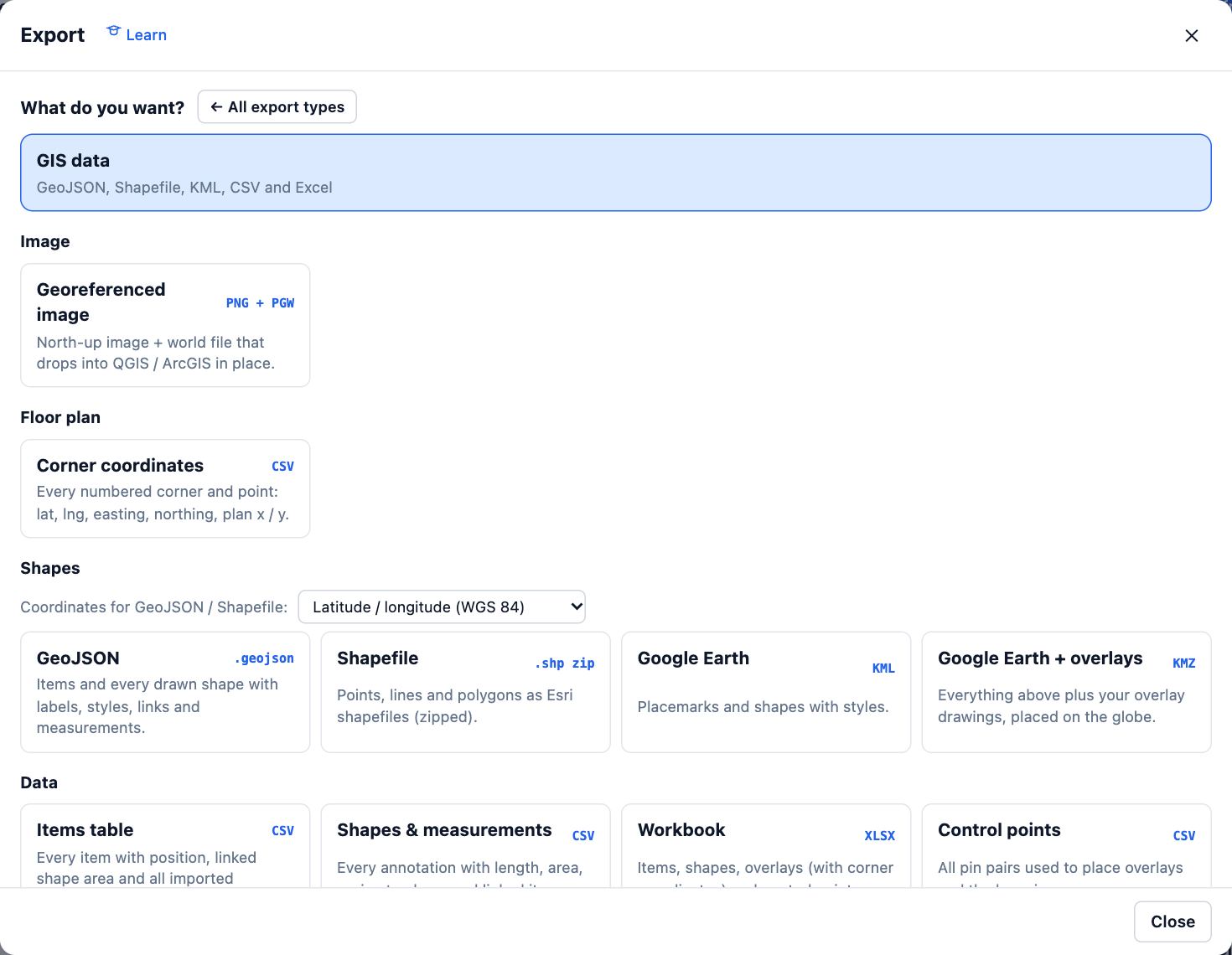 The Export dialog on GIS data: Georeferenced image, Corner coordinates, the coordinate choice, GeoJSON, Shapefile, KML and KMZ, then the Data tables and the Field audit pack.