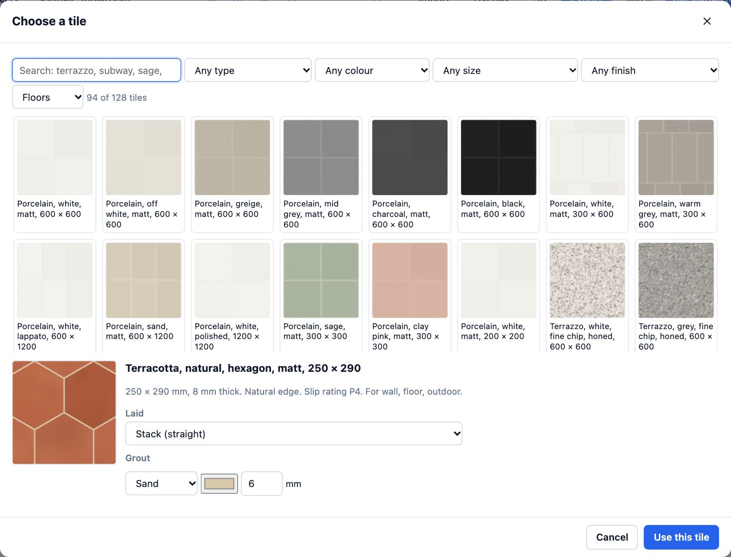 The Choose a tile dialog: filters for type, colour, size, finish and where it goes, then a grid of porcelain tiles with their sizes.