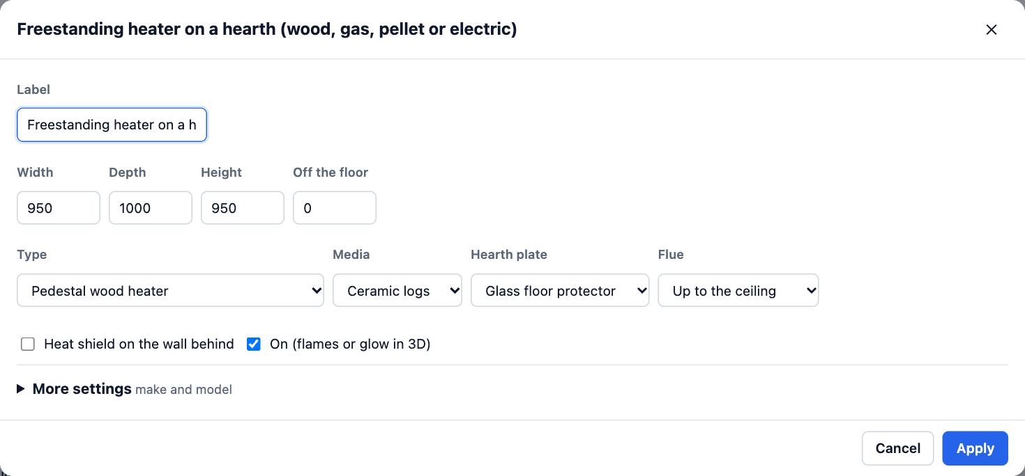 The All details dialog of a pedestal wood heater: its Type, hearth plate, flue and the On (flames or glow in 3D) tick box, with Cancel and Apply.