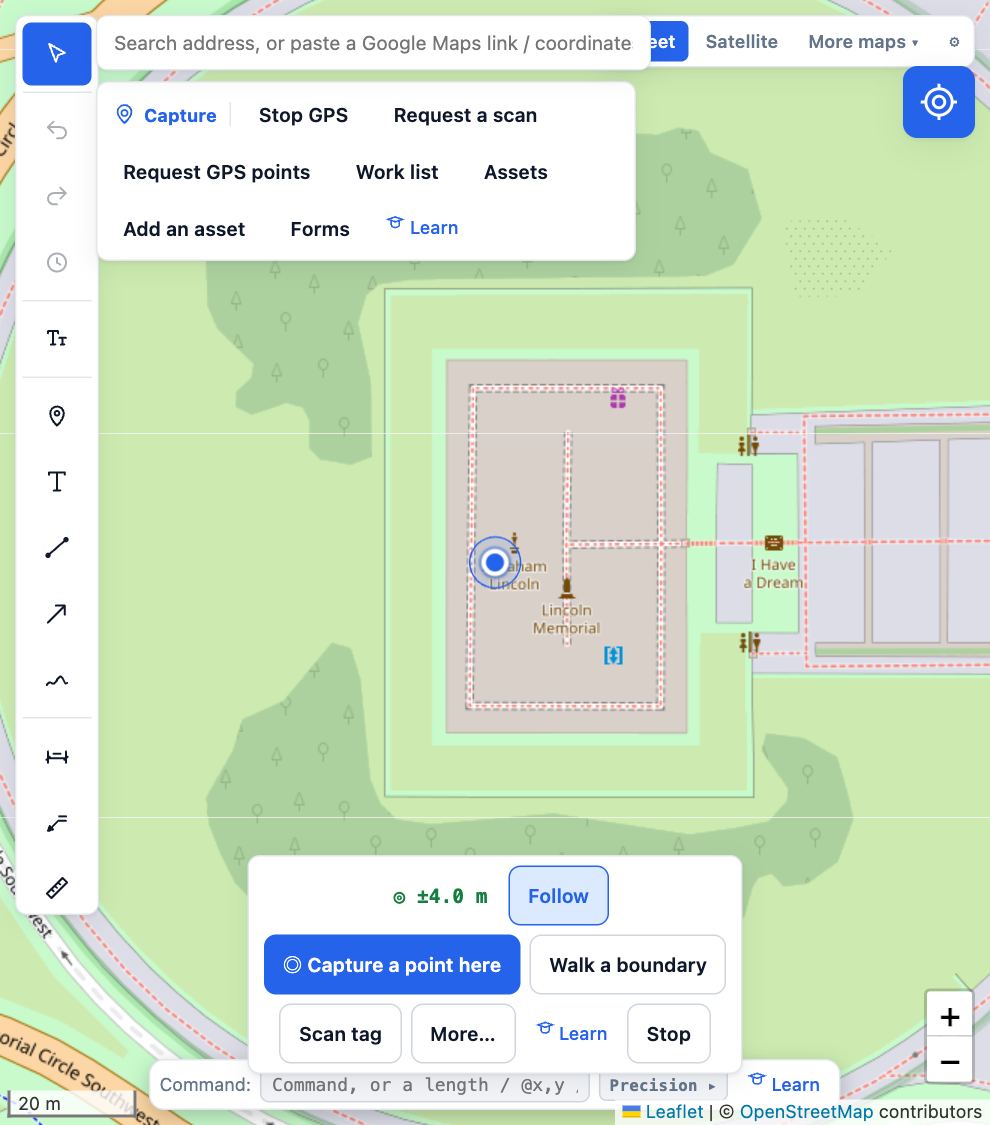 Field mode on the map at the Lincoln Memorial: the blue position dot, and the bar with plus or minus 4.0 m, Follow, Capture a point here, Walk a boundary, Scan tag, More and Stop.