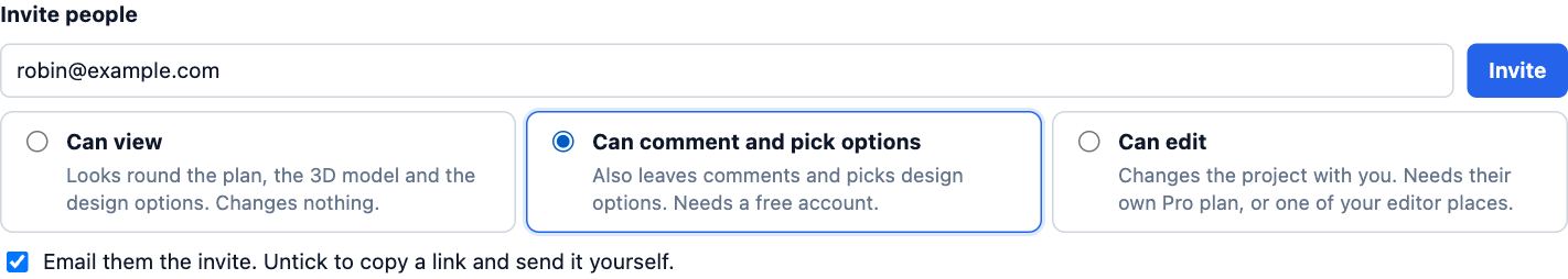 Invite people in the Share dialog: robin@example.com typed, Invite, and the three roles with Can comment and pick options chosen.
