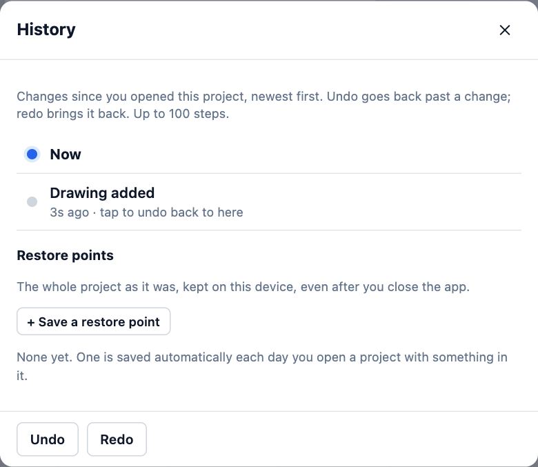 The History dialog: Now and one change listed, then Restore points with Save a restore point.