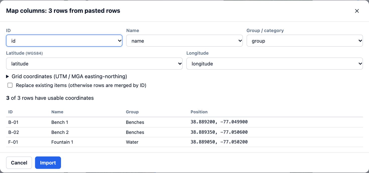 Import items after pasting three example rows: ID, Name, Group, Latitude and Longitude matched, with a preview of the rows.