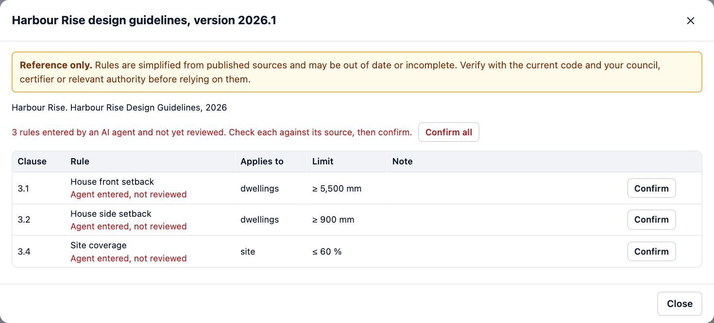 The rules of a pack an agent built: a note that 3 rules were entered by an AI agent and not yet reviewed, Confirm all, and each rule marked Agent entered, not reviewed with its own Confirm.