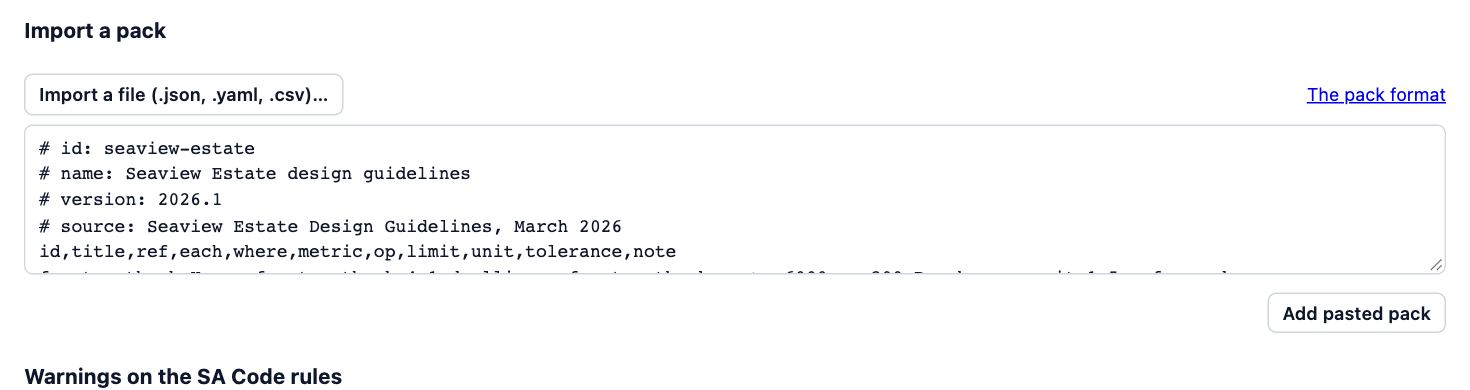 Import a pack in the Design codes panel: Import a file (.json, .yaml, .csv), The pack format, and a pasted CSV pack for Seaview Estate above Add pasted pack.