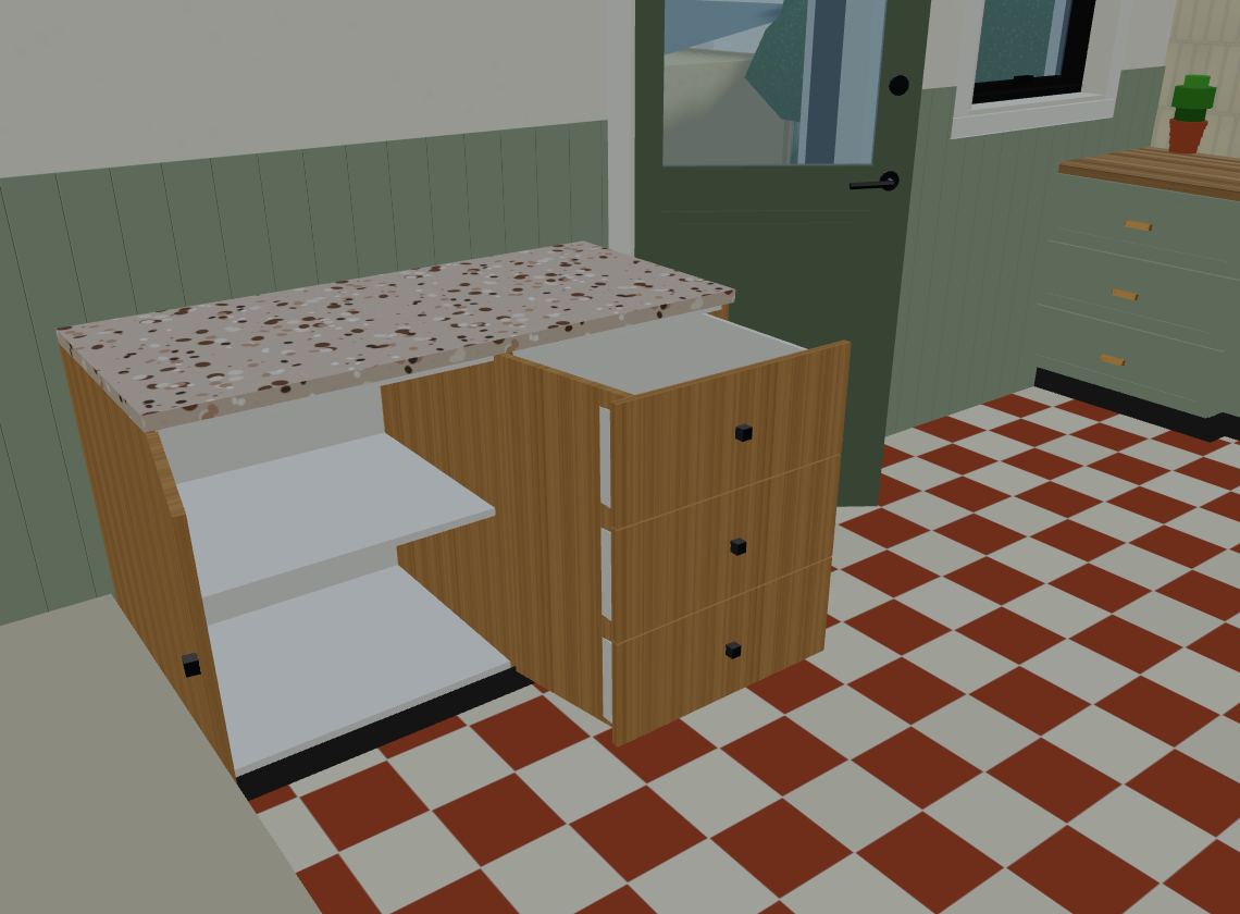 The laundry run in 3D, shown open: the three drawers pulled out and the two cupboard doors swung open beside them.