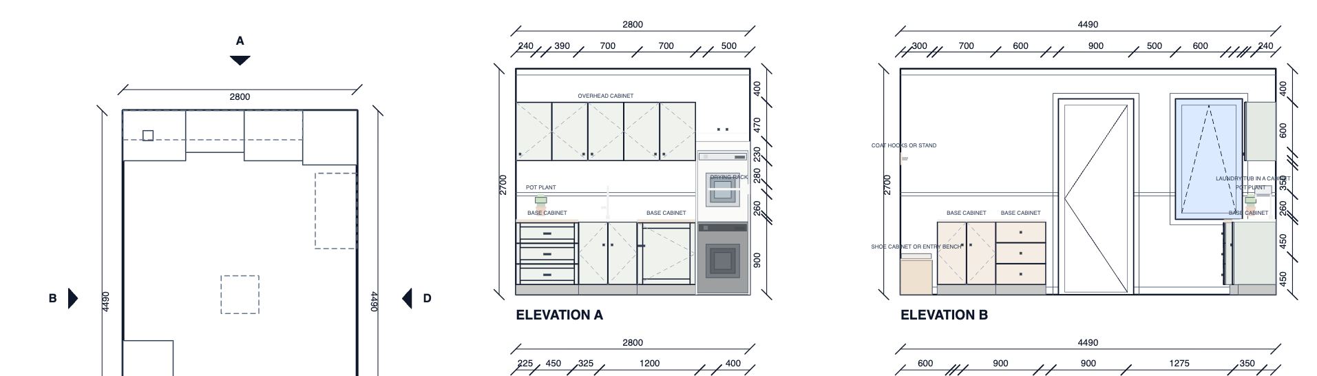 The laundry’s plan and four inside elevations: on elevation B the new run beside the door: a three-drawer cabinet and a two-door cabinet.