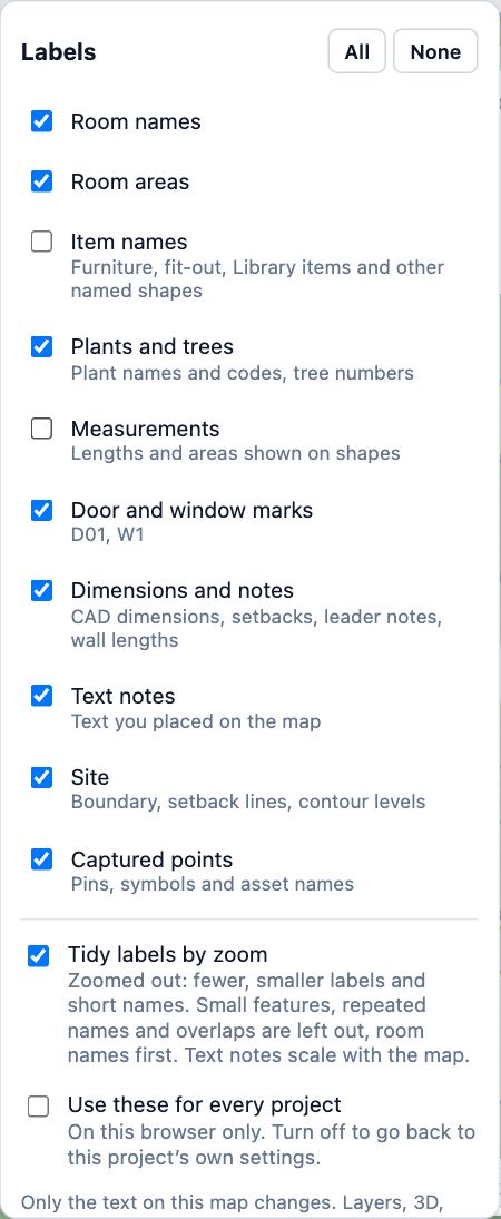 The Labels list over the Showroom plan: Room names, Room areas, Item names, Plants and trees, Measurements, Door and window marks, Dimensions and notes, Text notes, Site and Captured points, with Tidy labels by zoom.