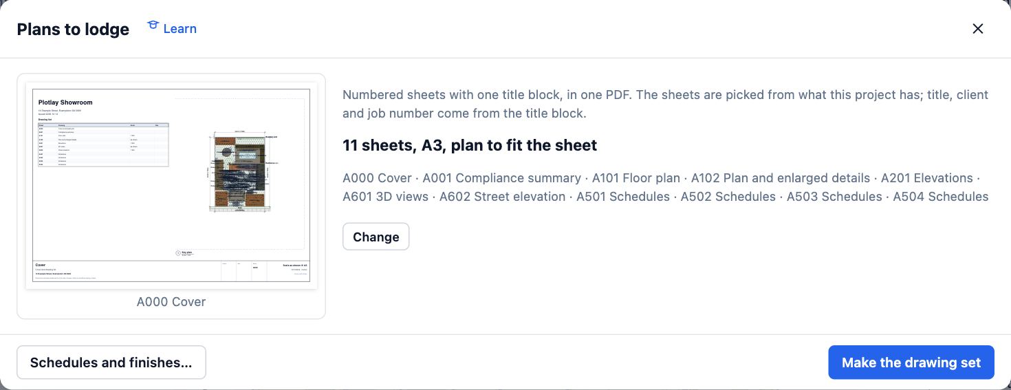 Plans to lodge for the Showroom: a numbered sheet list: A000 Cover, A001 Compliance summary, then the plans, elevations, 3D views and schedules.