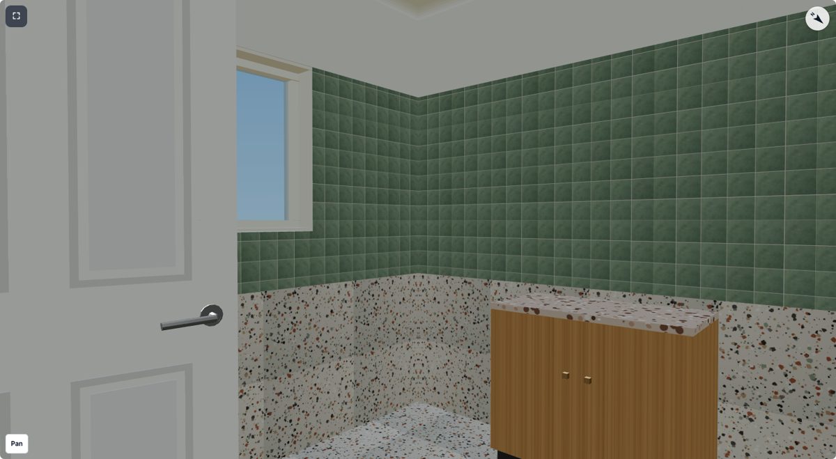The bathroom in 3D: the terrazzo tile on the floor and up to 900, sage 100 mm tiles from 900 to 2100, paint above, a timber vanity with a terrazzo top.