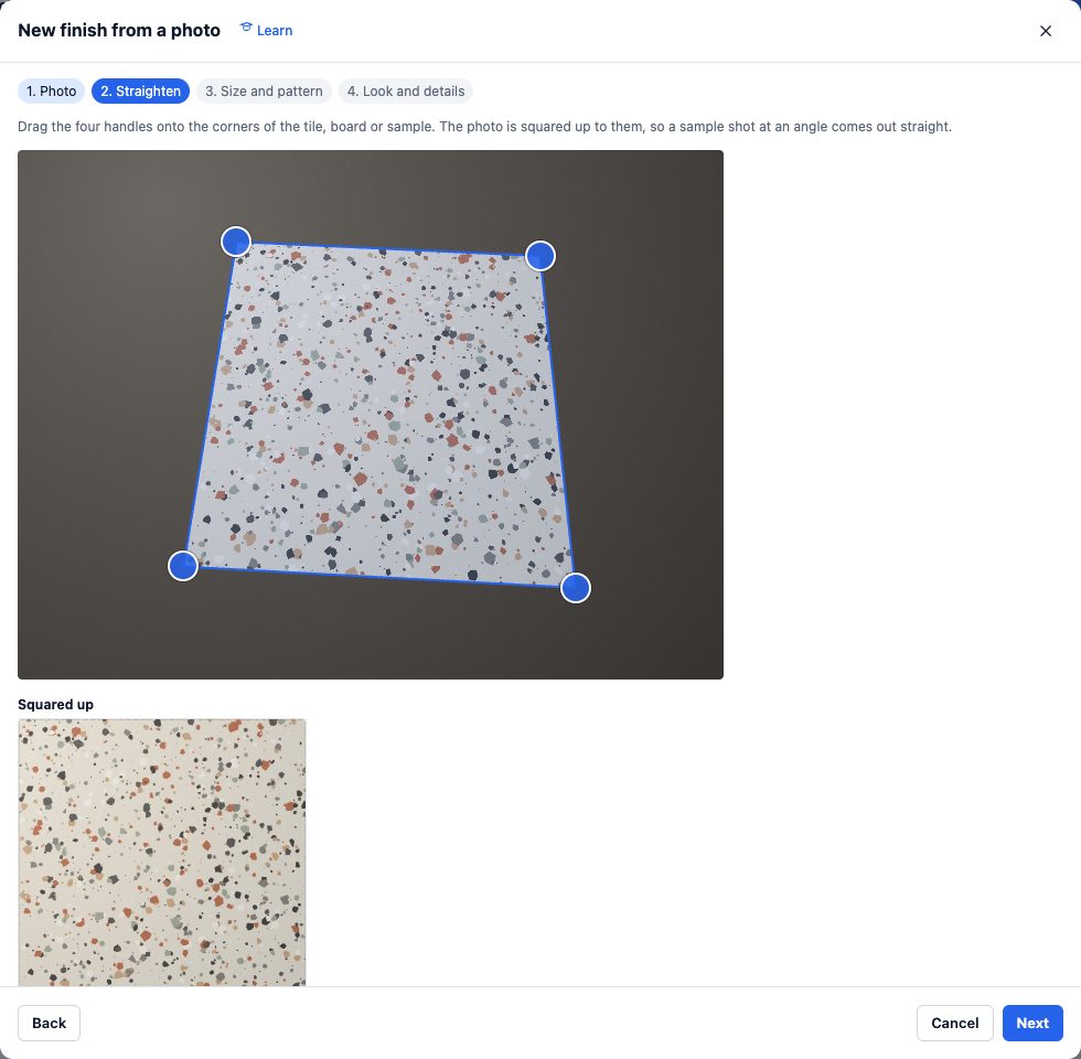 New finish from a photo, step 2: four blue handles dragged onto the corners of a terrazzo tile shot at an angle, and the squared-up tile beside it.
