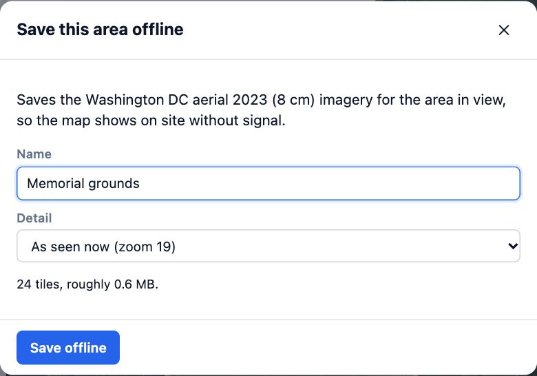 The Save this area offline dialog for the Washington DC aerial: a name, the detail level and the number of tiles with their size.
