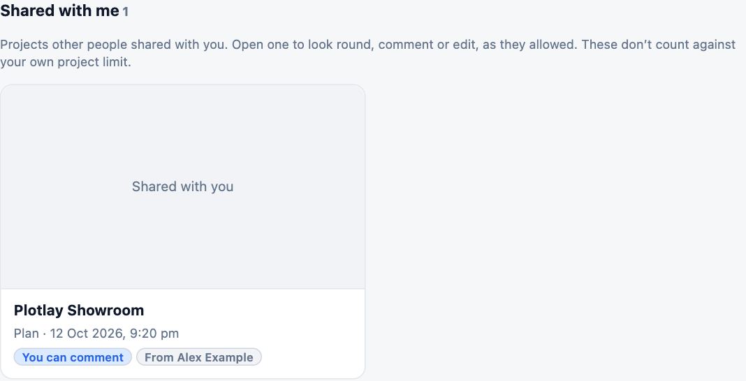 Shared with me on the dashboard: the Plotlay Showroom card marked You can comment and From Alex Example.