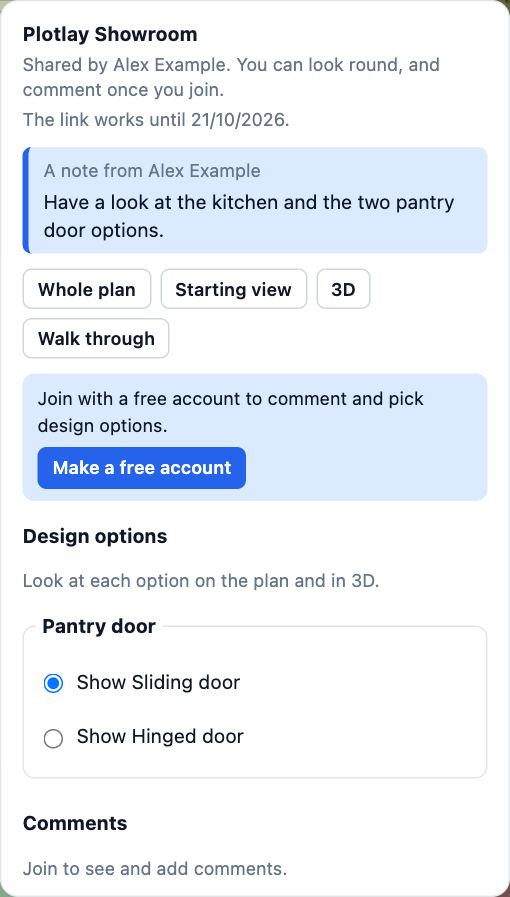 The panel of a shared project opened from a link: Shared by Alex Example, a note about the kitchen and pantry doors, Whole plan, Starting view, 3D and Walk through, and Make a free account to comment.