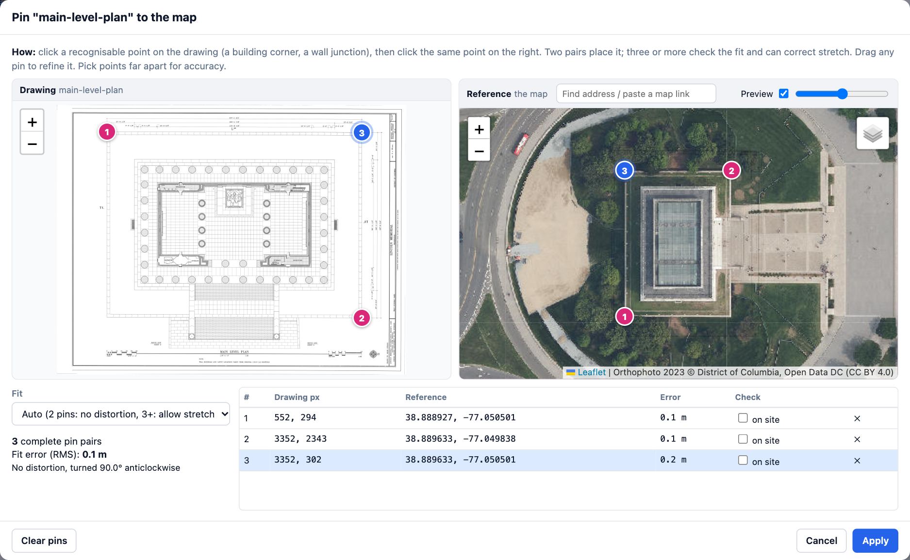 Pinning the Lincoln Memorial main level plan: the drawing on the left and the 8 cm aerial on the right, with three numbered pin pairs on the terrace corners and their errors in the table below.