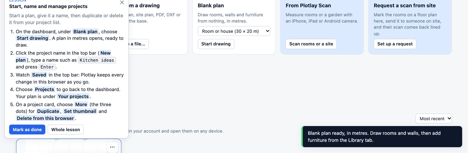 A project card on the dashboard with its menu open: Duplicate, Set thumbnail and Delete from this browser.