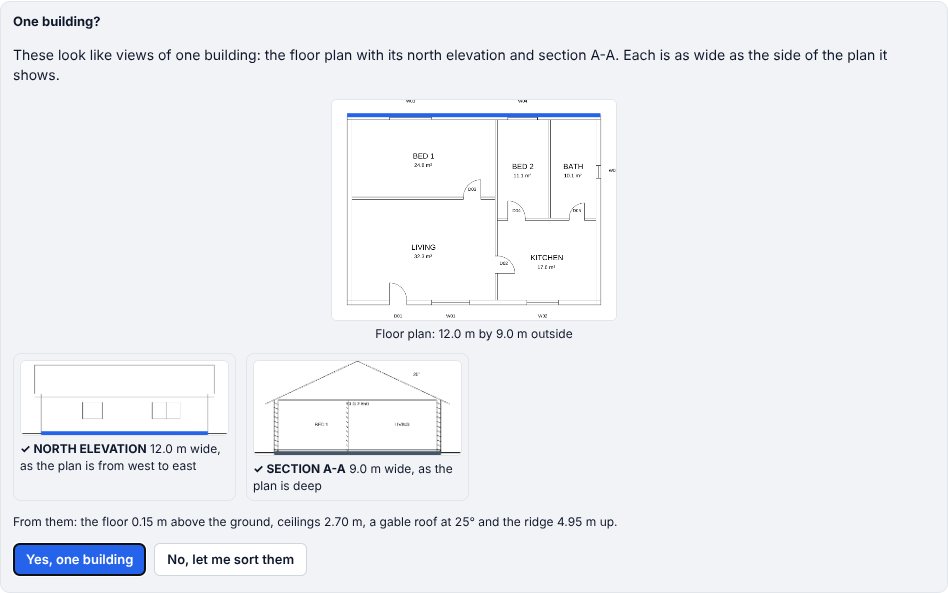 One building? above the cards: the plan with its sides coloured, the north elevation and section A-A each marked the same width, and the heights they give.
