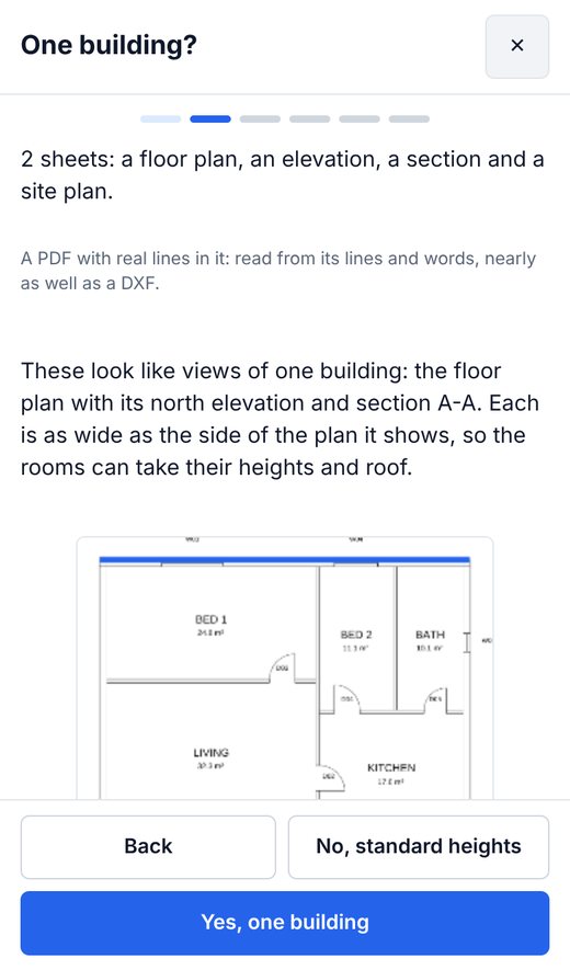 Rooms from drawings on a phone: a two-sheet set, the floor plan with its north side coloured, and the question One building? with Yes, one building.