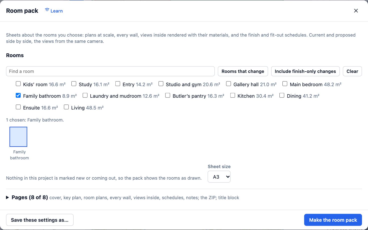 The Room pack dialog with the Family bathroom ticked from the list of Showroom rooms, its outline shown under the list, and Sheet size A3.