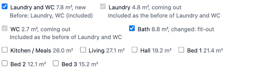 The Room pack dialog on the example house: the new Laundry and WC ticked with Before: Laundry, WC (included) under it, and the Bath ticked.